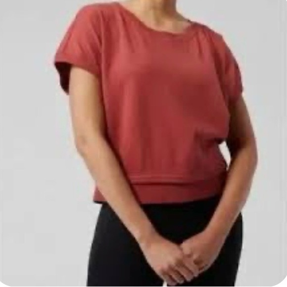 Athleta NWT Large Shirred Tee Ribbed Women's Rust Red Crop Top - Picture 6 of 6
